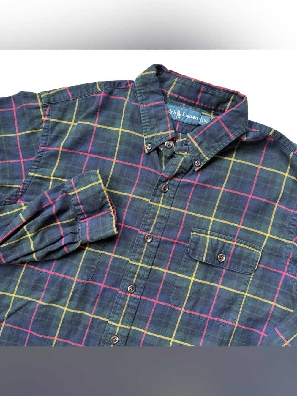 VTG Ralph Lauren Plaid Flannel Button Down Shirt XL Green Navy Red Preppy Cotton
